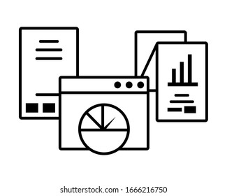 reports with digital objects in white background vector illustration design
