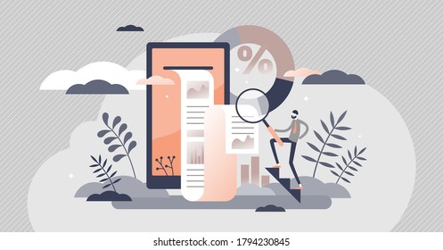 Reports as document that represents account information tiny persons concept. Financial profit annual statistics and analysis for company accounting vector illustration. Abstract data research scene.