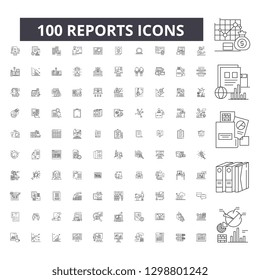 Reports editable line icons, 100 vector set, collection. Reports black outline illustrations, signs, symbols