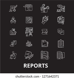 Reports editable line icons vector set on black background. Reports white outline illustrations, signs, symbols