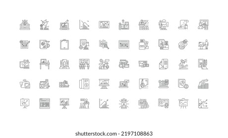Reports ideas, linear icons, line signs set, vector collection