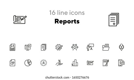 Reports line icon set. Presentation, diagram, bar chart. Analysis concept. Can be used for topics like analytics, marketing, business