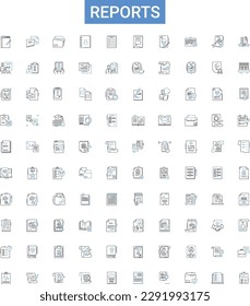 Reports outline icons collection. Reports, Document, Publication, Record, Analysis, Summary, Logs vector illustration set. Findings, Investigations, Surveys line signs