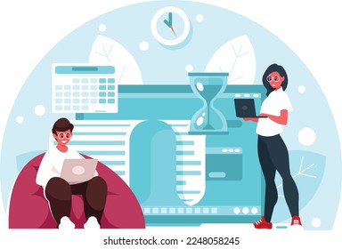 Reports Programming concept. Paper report popping out of laptop screen. Freelancers with laptops. Online education or social media concept. Vector graphics
