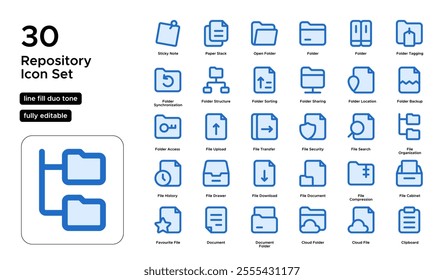 Repository Line Fill Duo Tone Icon Set: Data Repositories, Digital Archives, and Information Management Icons