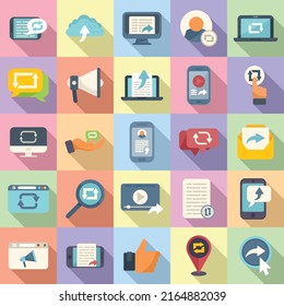 Repost icons set flat vector.Social video. Smartphone cellphone