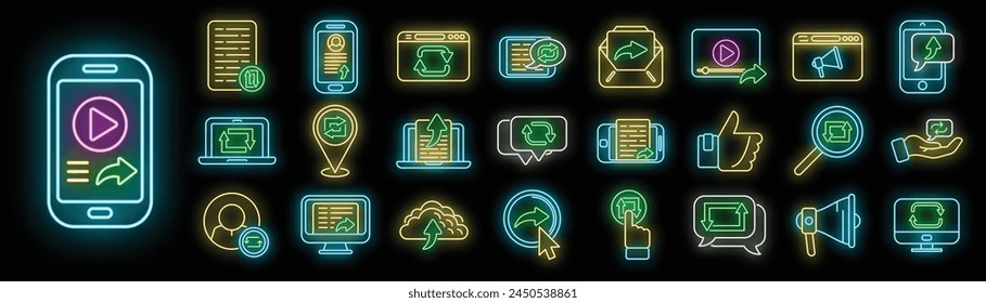 Repost icons set outline vector. Social video. Smartphone cellphone neon color on black