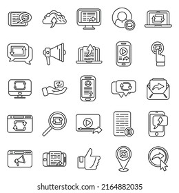 Repost icons set outline vector.Social video. Smartphone cellphone