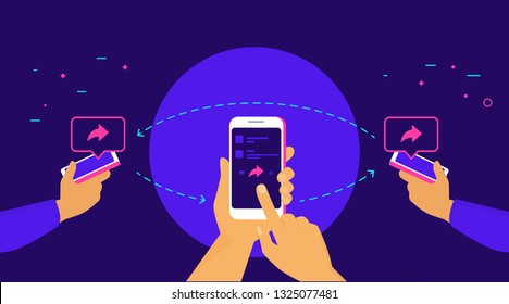 Repost and share concept flat vector illustration of human hands hold smart phones and push repost button on the screen sharing to friends. Social media symbols and speech bubbles with copy space