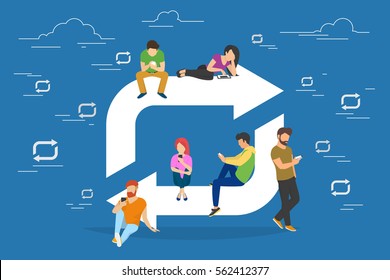 Repost symbol concept illustration of young people using devices laptop and smartphone. Flat people addicted to posting images and news sitting near repost symbol. Social media banner for networks