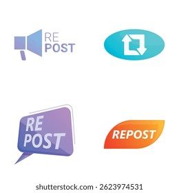 Ícones de símbolo de repostagem definem o vetor de desenho animado. Botão retweetar, repostar e compartilhar. Divulgação de informações na Internet