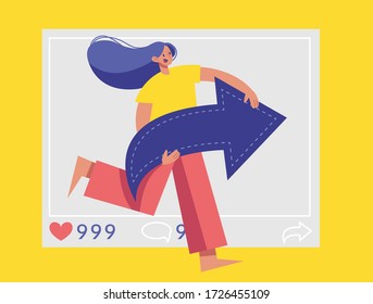 Reposts Wettbewerb Banner für einen Beitrag in einem sozialen Netzwerk über die Ankündigung eines Repost-Wettbewerb. Das Mädchen hat ein großes Reposymbol in den Händen. Vector Stock Illustration. Brillenbanner