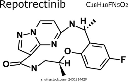 Repotrectinib chemical formula and molecular structure; Repotrectinib is a drug used to treat metastatic non-small cell lung cancer; Repotrectinib is a tyrosine kinase inhibitor