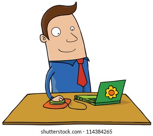 Representar una caricatura de un hombre de negocios usando una laptop.