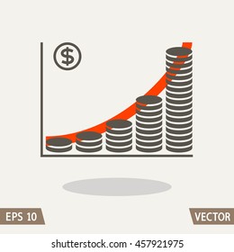 Represent of financial growth concept with the schedule of the stacks of coins. Money flat icon, dollar symbol. Vector illustration for web and commercial use.
