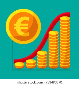 Represent of financial growth concept with the schedule of the stacks of gold coins. Money flat icon, euro symbol. Vector illustration for web and commercial use.