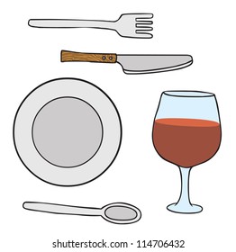 Represent a fork, a knife, a plate, a spoon, a glass of wine. Each Item separated in well layer.