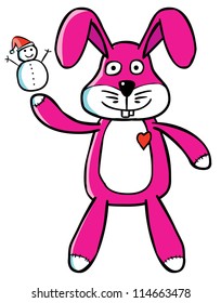 Represent a Good Bunny puppet showing up a tiny Snowman