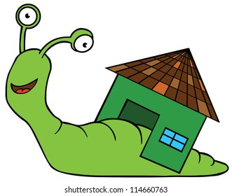 Represent a green snail brings house anywhere he go.