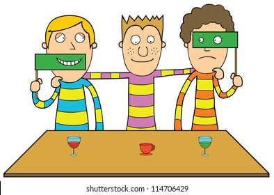 Represent a man in the middle of his friends. His friends seem don't want to show their true expressions.