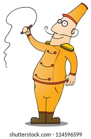 Represent a ringmaster holding a whipper.