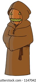Represent a standing Mister pumpkin head in brown costume.