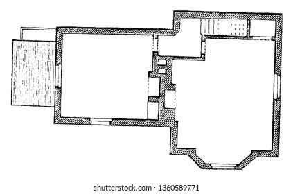 It is a representation of the accommodation of the design XXVIII. It has a kitchen living room two bed rooms etc vintage line drawing or engraving illustration.