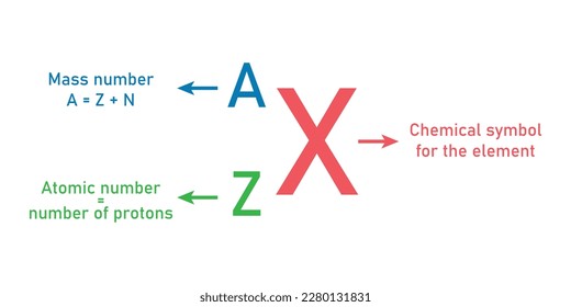 Representation of an atom. Atoms and elements. Symbol of element, mass number (protons and neutrons), atomic number (protons). Symbolic representation of an element. Vector illustration.