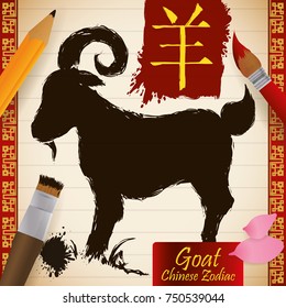 Representation in brushstroke style of Chinese Zodiac animal: Goat (written in Chinese calligraphy), in a hanging scroll with pencil and paintbrushes that represents the creative personality.