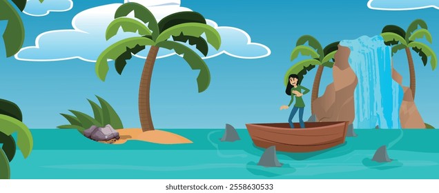 representation of business and company competition, young woman surrounded by sharks on a deserted beach, the sharks represent the competitors. vector illustration.