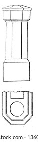 Se trata de la representación de la parte superior de la chimenea o de las juntas herméticas. La elevación de las pilas de chimenea ejecutadas se muestra dibujo de línea vintage o ilustración de grabado.