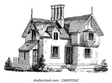 It is a representation of a cottage in old English manner containing a kitchen living room and two bed rooms vintage line drawing or engraving illustration.
