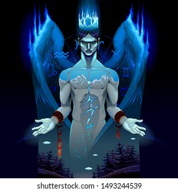 Representation of a dark chained angel, the prince of the power of the air. Vector horror fantasy illustration
