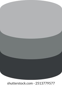 Representation of a database with minimalist grey cylinder, circular base, and shading, modern geometric design element. Computer and cloud storage, security and systems. 