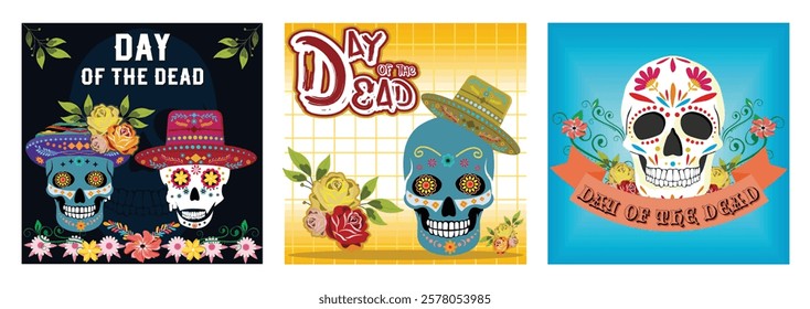 Representation of Dia de los Muertos. Day of the Dead sugar skulls are decorated with traditional hats, intricate floral motifs, and bright colors. Celebrating the Mexican holiday Dia de los Muertos.