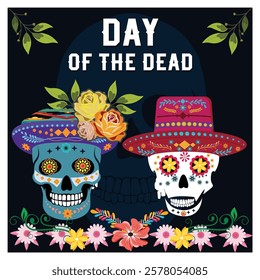 Representation of Dia de los Muertos with vibrant sugar skulls, floral embellishments, and cultural elements. Flat vector modern illustration 