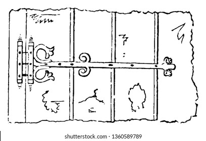 Se trata de una representación de la puerta que está marcada con bisagras ornamentales a una escala de tres vectores de cuarzo de una pulgada a pie de la línea vintage de dibujo o ilustración de grabado.