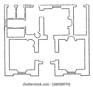 Es la representación de un diseño de vivienda con cuadrados con más alojamiento menos gastos y diseño de líneas vintage o ilustración de grabado.
