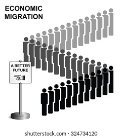 Representation of economic migrants queuing for a better future isolated on white background