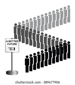Representation of economic migrants and refugee migration with people queuing for a better future isolated on white background
