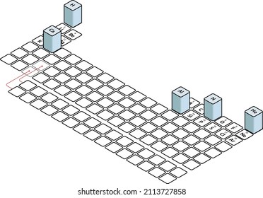 Representation of the elements by placing one blue 3D cube on the periodic table