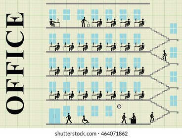 Representation of employees working at their desk in an office block on graph paper background with copy space for own text