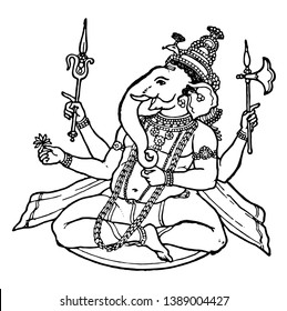 A representation of Ganesha. Ganesha is one of the best-known deities in the Hindu pantheon, vintage line drawing or engraving illustration.