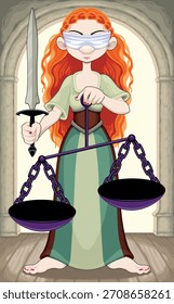 Representation of the goddess of Justice. Vector cartoon illustration.