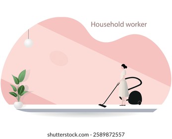 Representation of a household worker cleaning with a vacuum cleaner in a minimalist environment, highlighting domestic work and home cleaning.