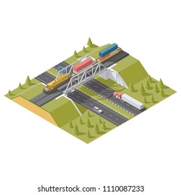 Representation Infographic Railway bridge over the highway isometric low poly icon set vector graphic illustration