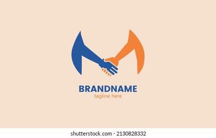 Representation of the letter M in the form of unity, togetherness and handshake.The letter M representing one leg of a bridge. Initial letter M Concept. Minimal style identity initial logo mark.