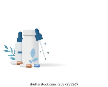 Representation of medicine containers with bottles and capsules, featuring a clean and minimalist design for health and pharmacy concepts.