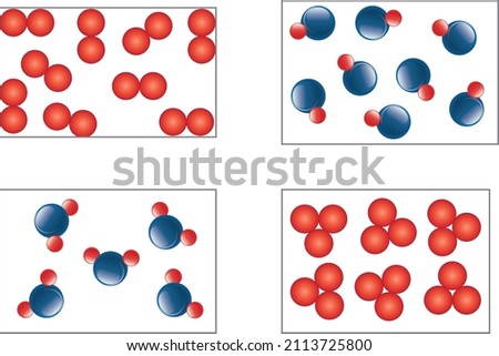 Representation of molecular bodies by enclosing red and blue round spheres in 4 different rectangles