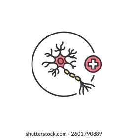Representation of a neuron with intricate branches, encircled and linked to a medical cross, symbolizing neurological health and diagnostic care processes